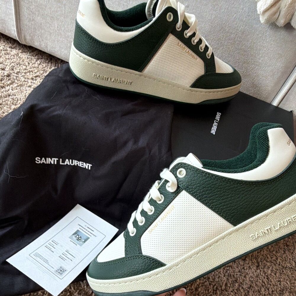 ⁠NIB Saint Laurent SL/80 White Forest Green Leather Sneakers EU 41 US 8 COA